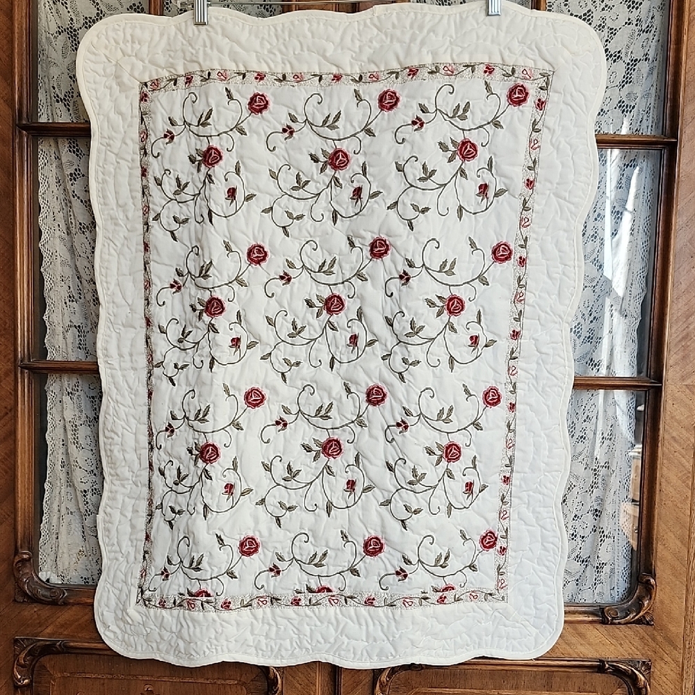 White Quilted Pillow Shams with Red Rose Embroidery Set Of 2 Size 26x 32
